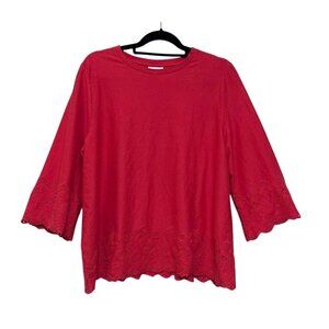 J. Jill Swing Top Red Laser Cut Lace 3/4 Sleeve 100% Cotton Knit Blouse Sz XL